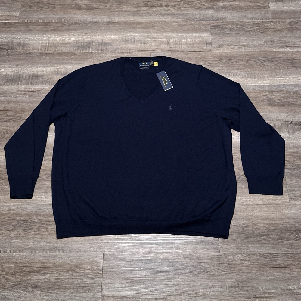NEW Polo Ralph Lauren Men's 5XB Washable Merino Wool Navy V-Neck Sweater 5XB Big